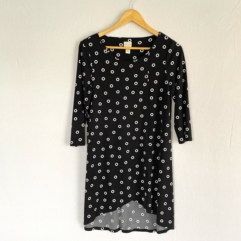 CHICO'S Size 0 / Small Tunic Dress Asymmetrical Hi-Low Hem Black White Circles
